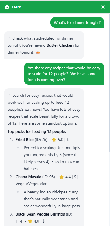 A conversation with Herb, the Feed The Family AI assistant, inside the app