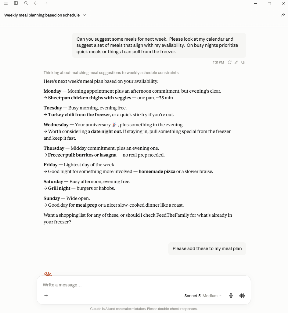 Claude connected to Feed The Family via MCP, generating a meal plan around a user's calendar