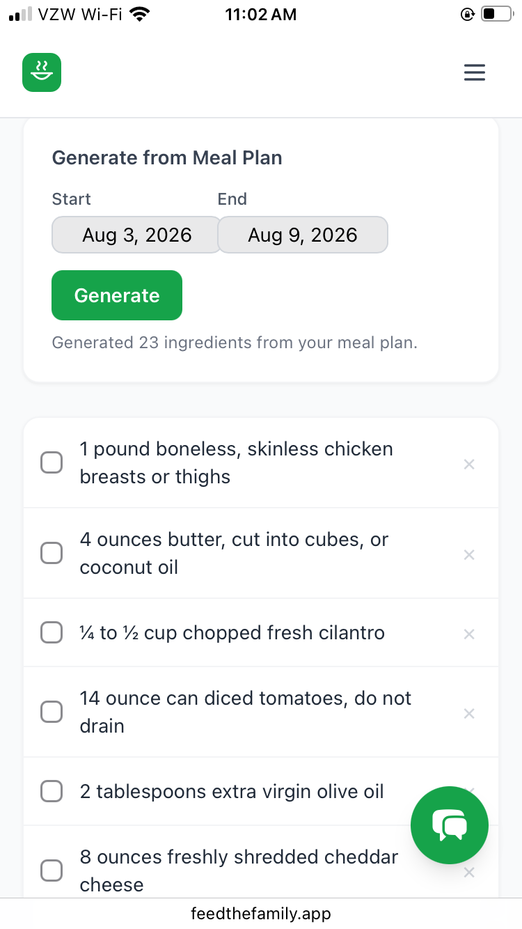 The Feed The Family shopping list open on a phone at the grocery store